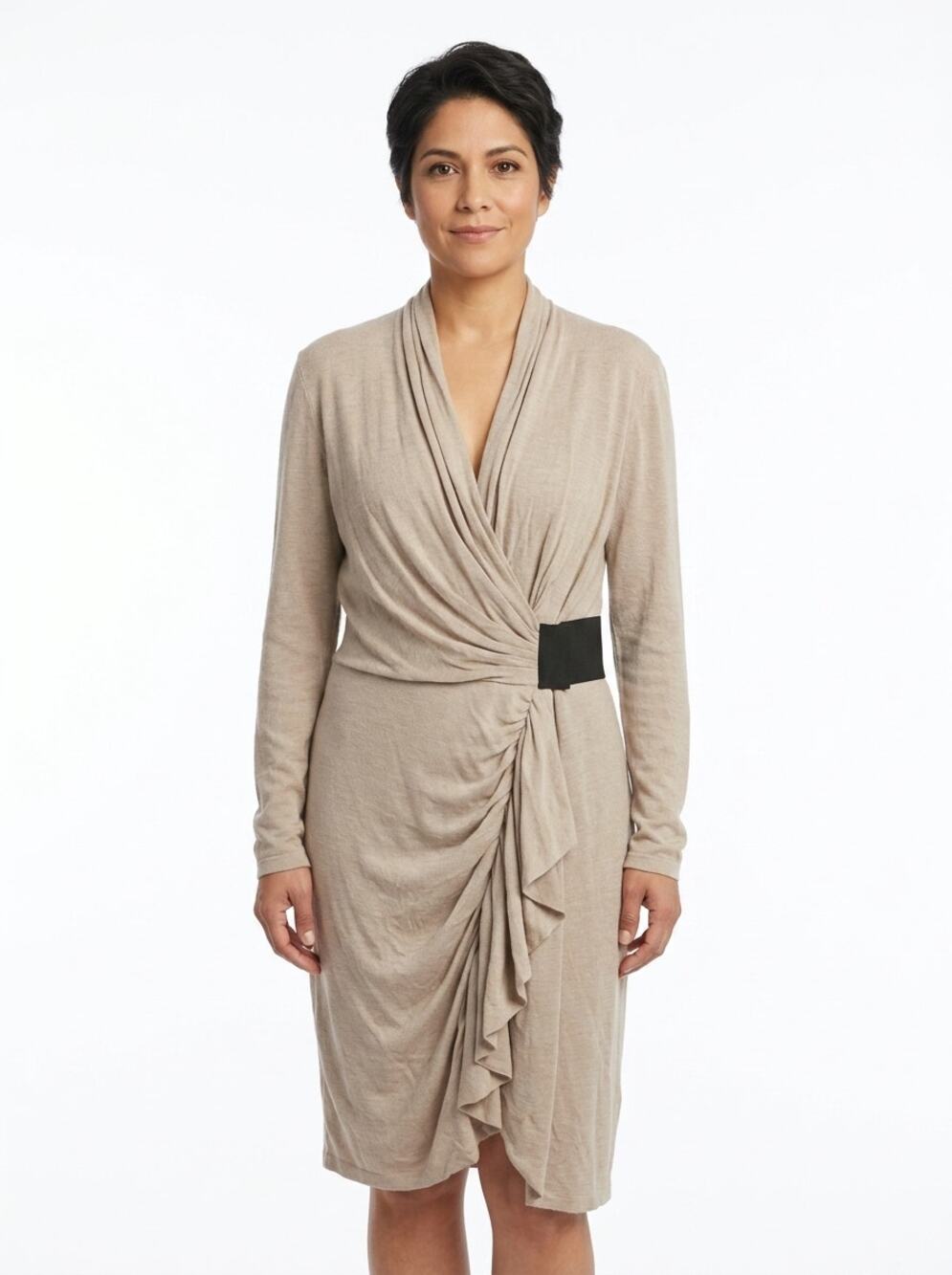 Kay Unger Wool Blend Knit Draped Sweater Dress Beige Women Size 12